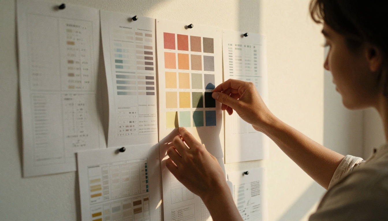 A designer arranging color swatches against a pinboard A designer arranging color swatches against a pinboard