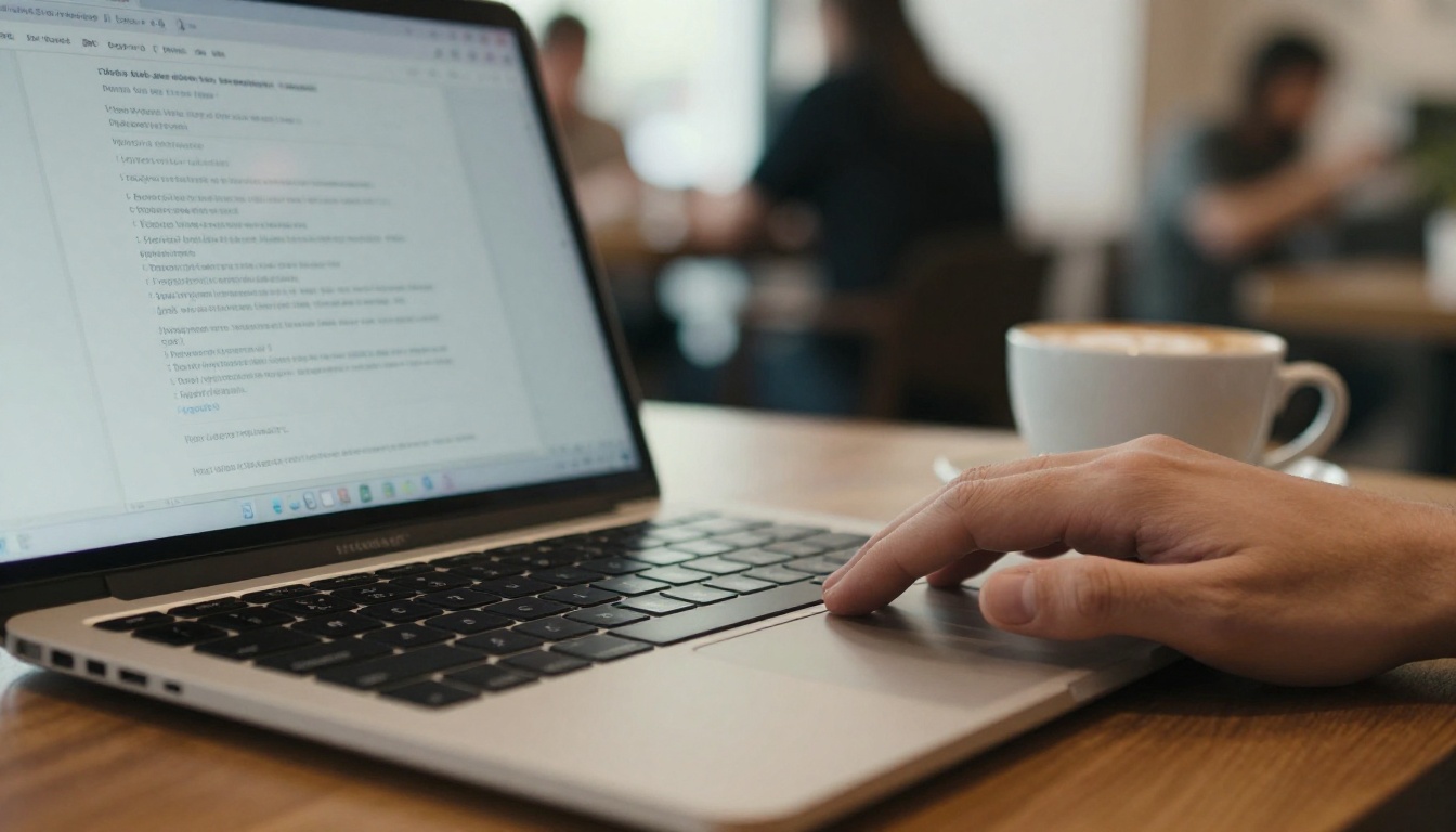 A laptop on a cafe table exporting a document A laptop on a cafe table exporting a document