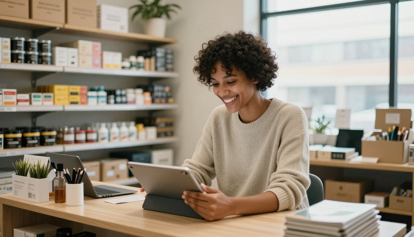 A business owner smiling while reading results on a tablet A business owner smiling while reading results on a tablet