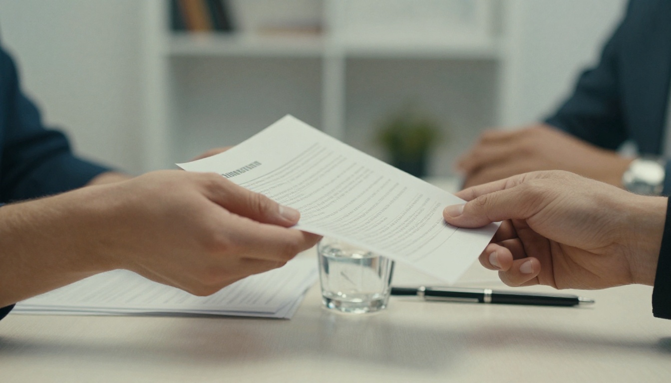 Hands passing a printed report across a meeting table Hands passing a printed report across a meeting table