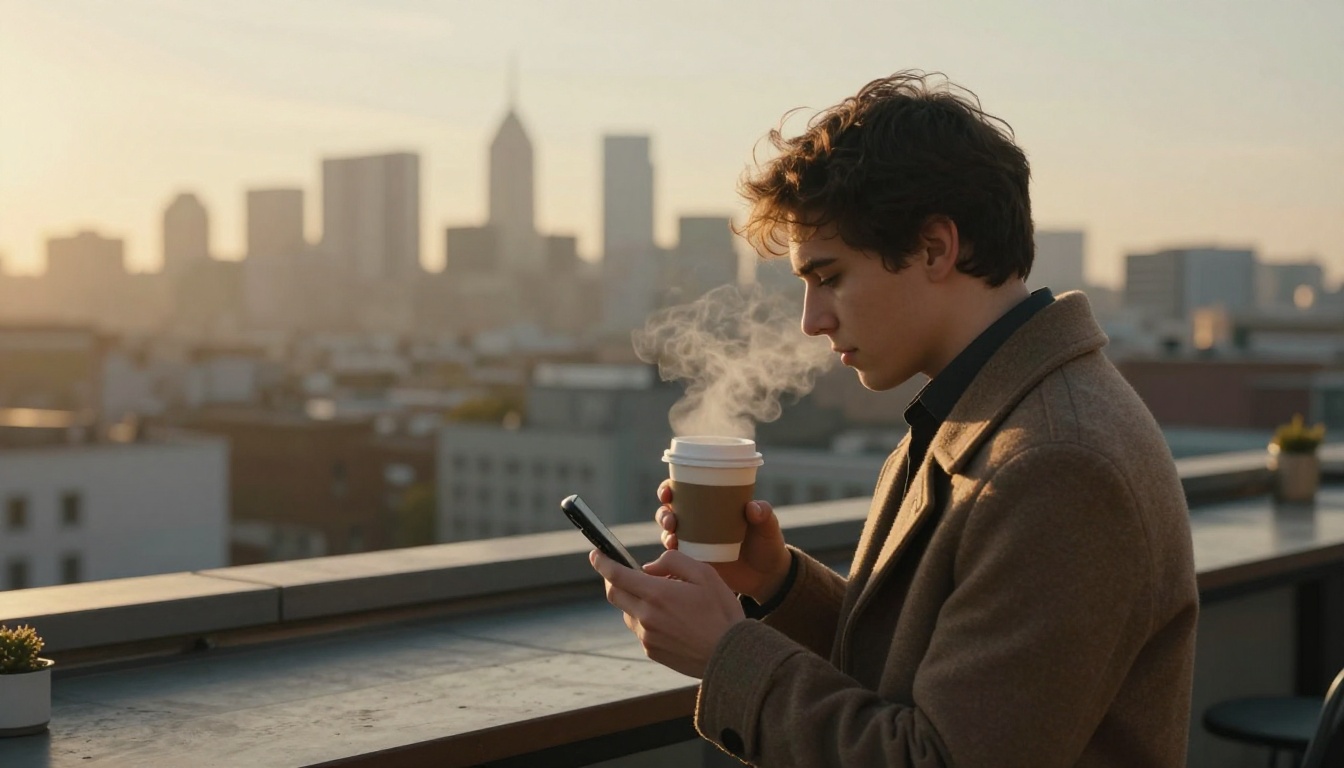 A young professional planning the day on a rooftop at sunrise A young professional planning the day on a rooftop at sunrise