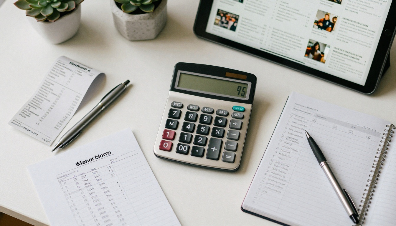 Desk with calculator and budget notes comparing plan costs