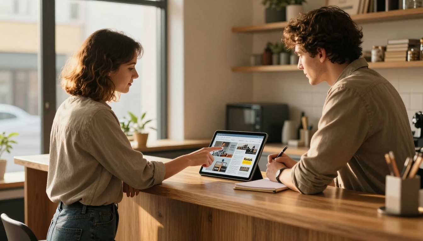 Two colleagues reviewing a digital magazine on a tablet