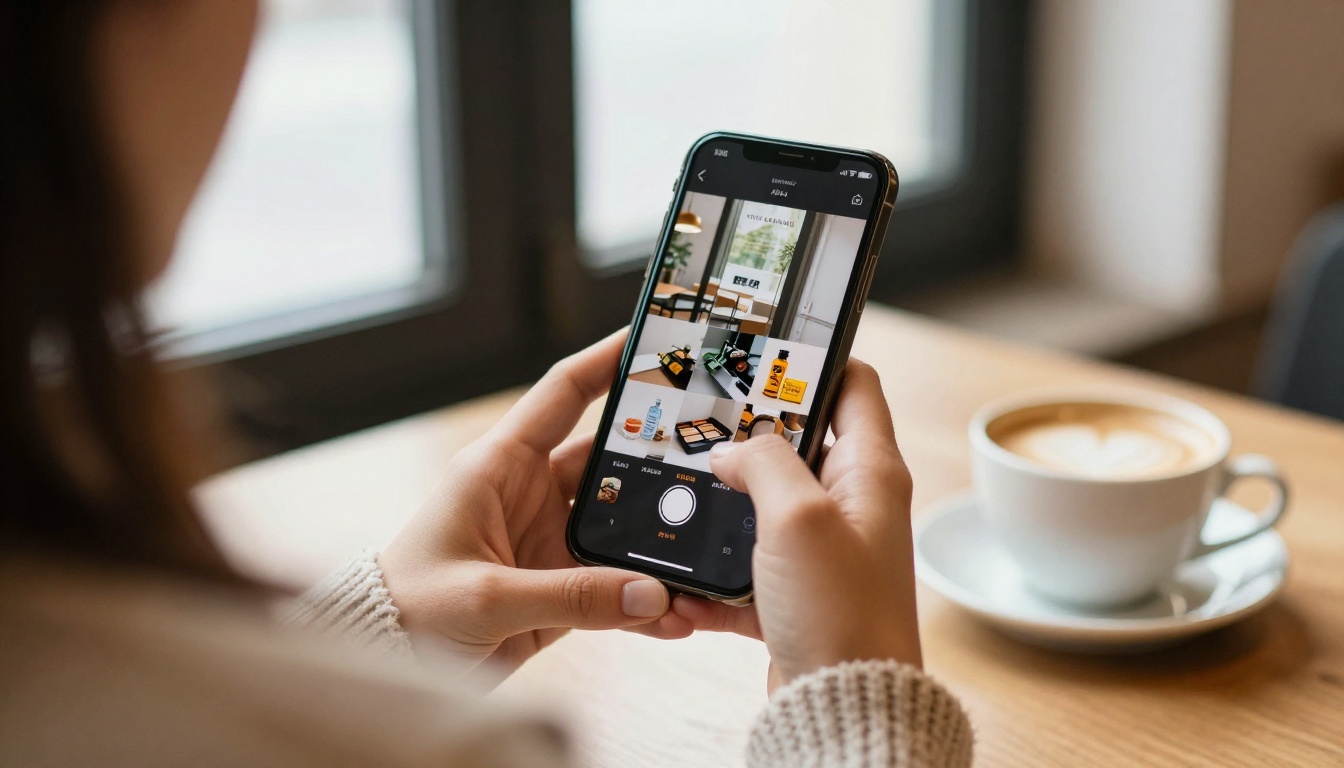 Woman viewing a product catalog on her smartphone in a cafe