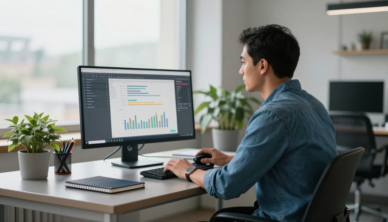 Man reviewing reader statistics on a monitor in a coworking space