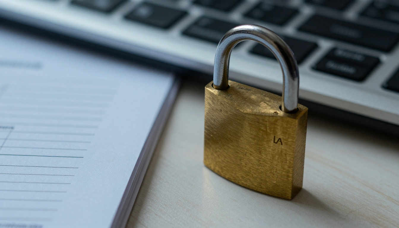 Padlock resting on printed documents symbolizing secure sharing