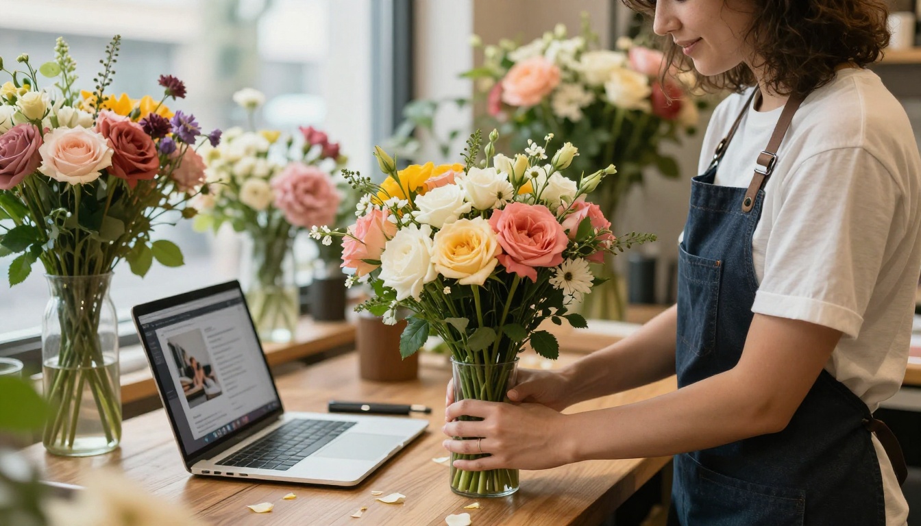Florist arranging bouquets with a laptop showing a digital brochure