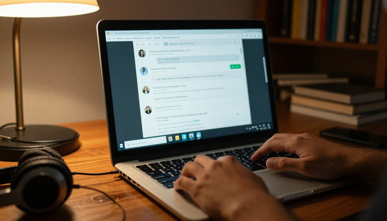 Person using a support chat while working on a laptop at night