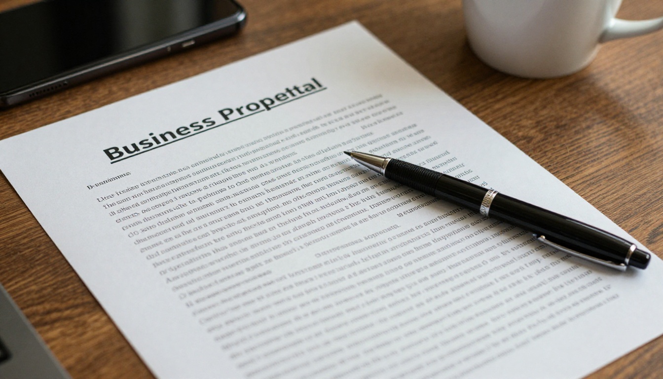 A dense printed proposal with a pen resting on top