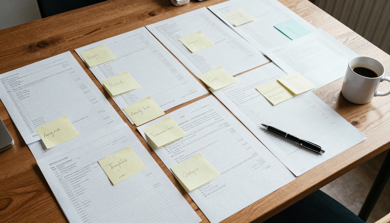 Aerial view of printed sheets sorted into neat piles on a wooden table Aerial view of printed sheets sorted into neat piles on a wooden table