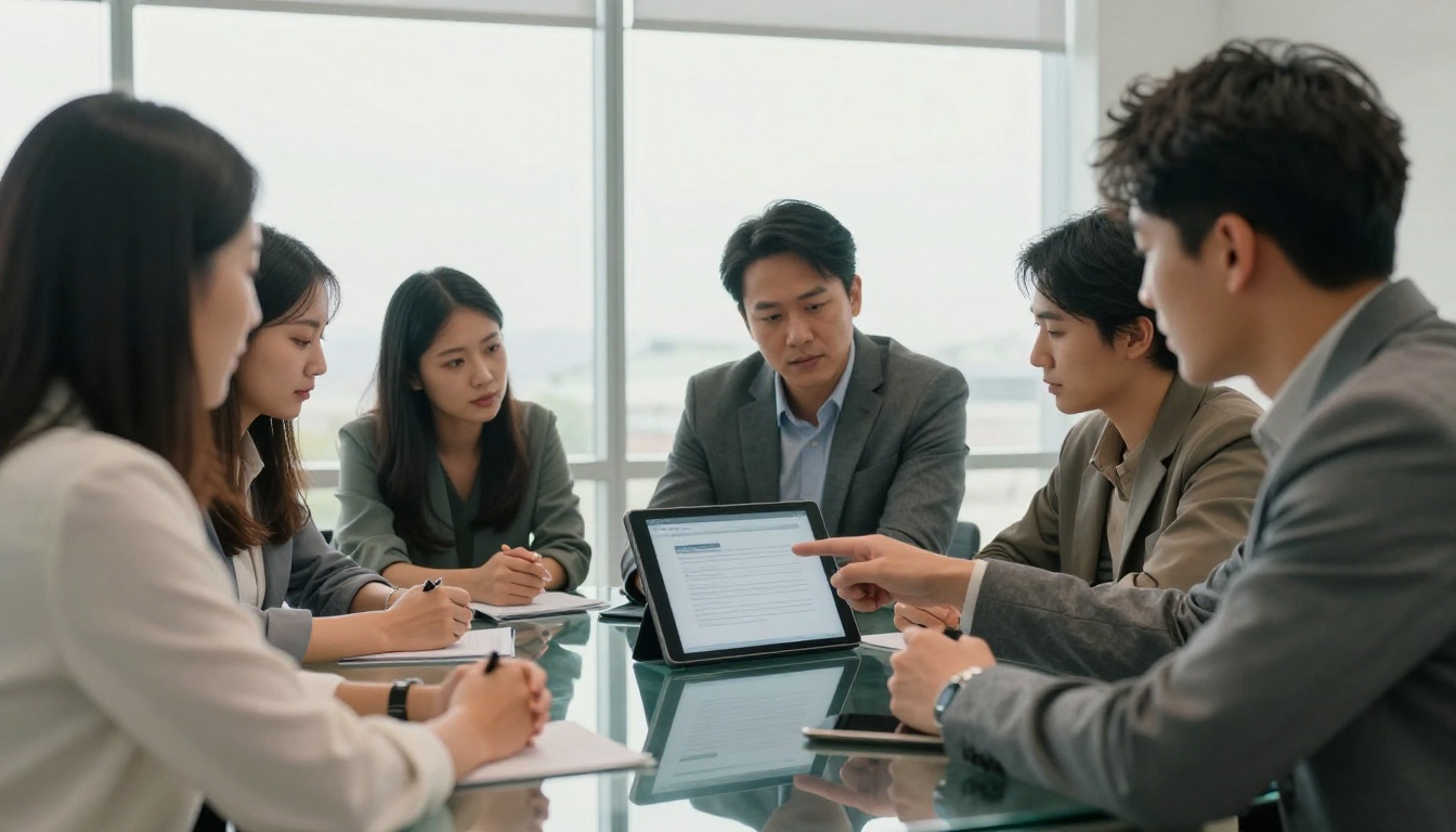 A sales team leaning in over a tablet showing a clean proposal