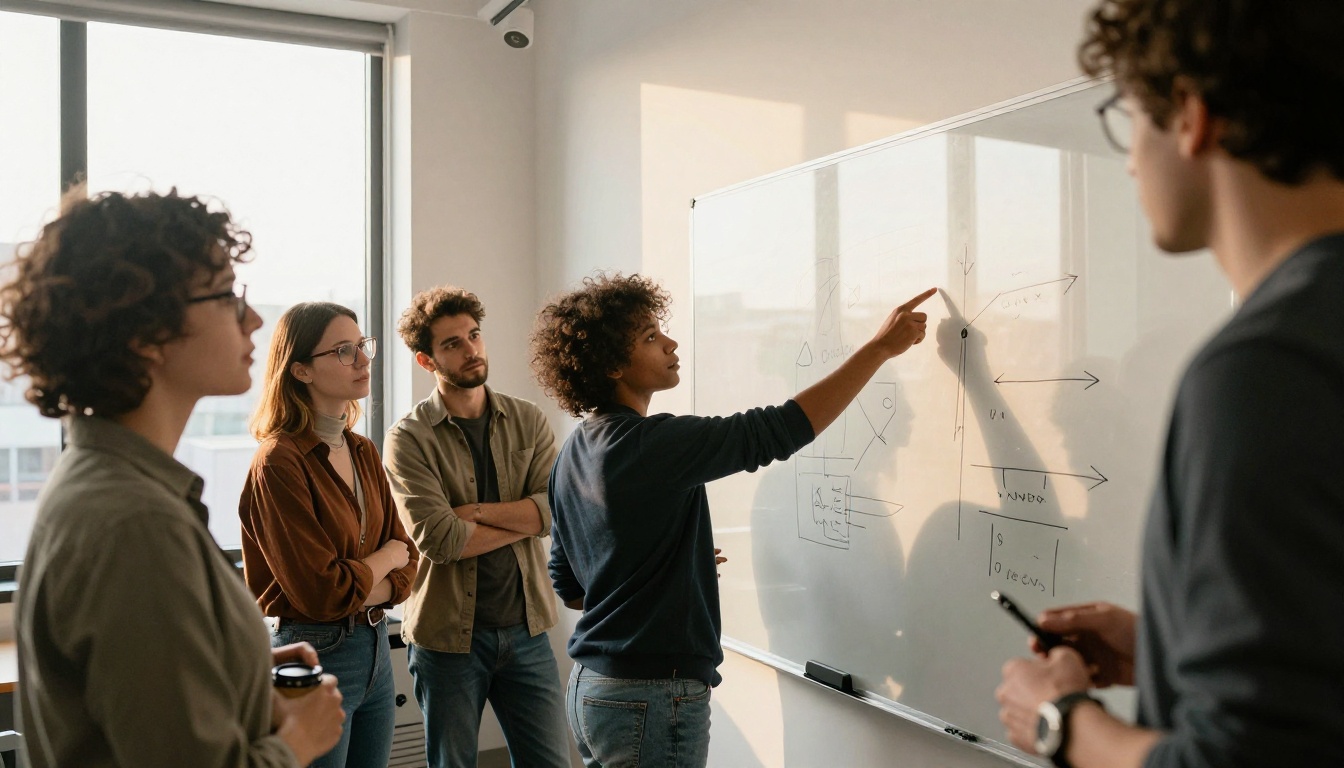 Small team around a glass whiteboard in a sunlit office Small team around a glass whiteboard in a sunlit office