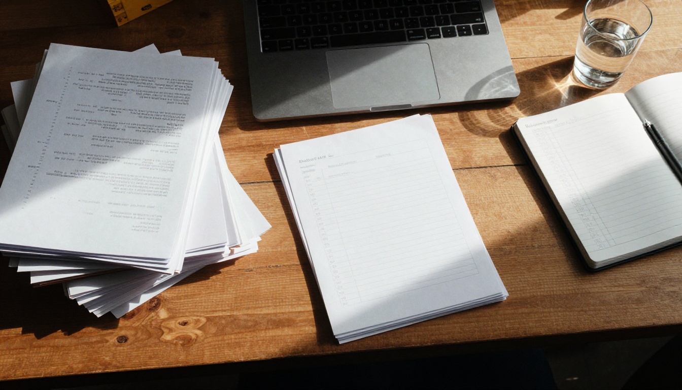 Two desks, one with a cluttered thick stack and one with a slim tidy stack