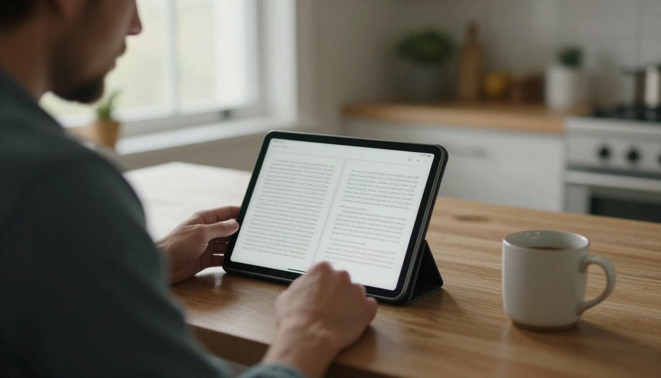 Man reading a digital ebook on a tablet in a kitchen Man reading a digital ebook on a tablet in a kitchen