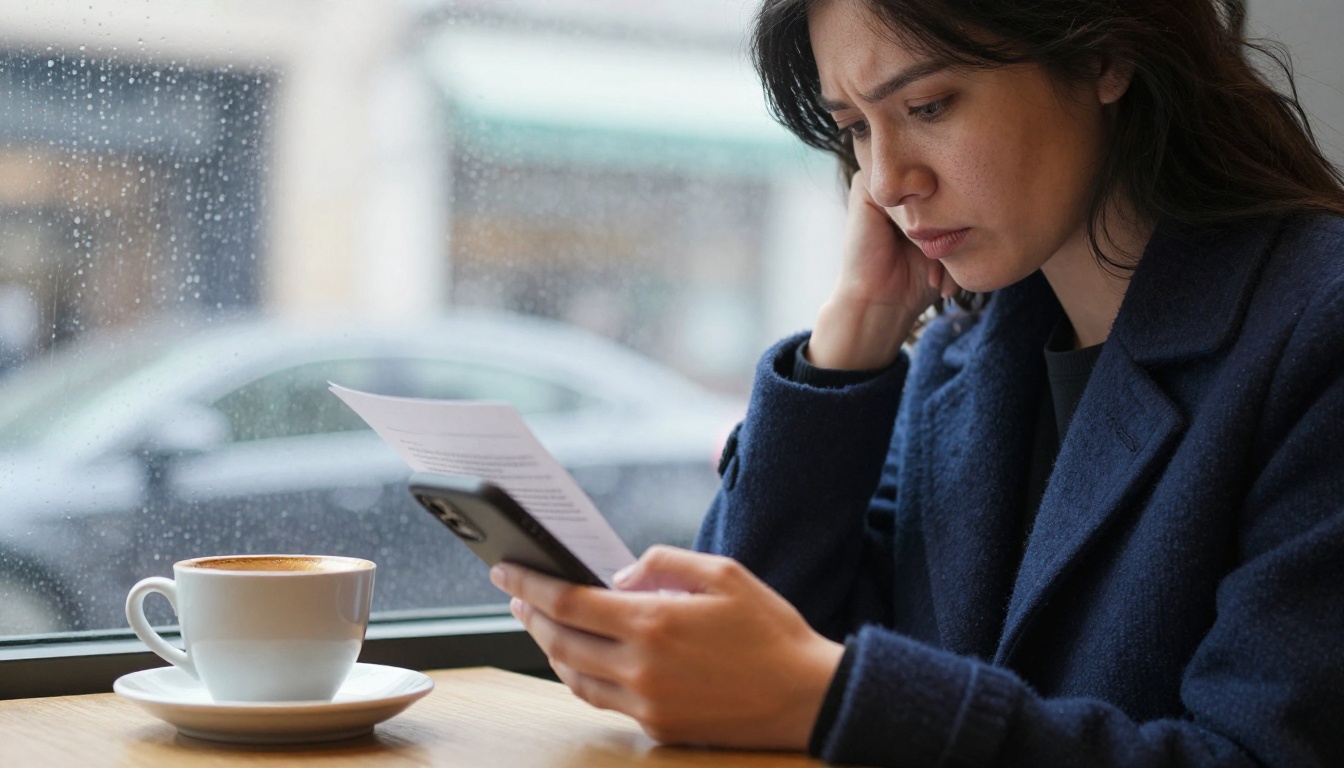 A client in a cafe reading a proposal on her phone with a skeptical look