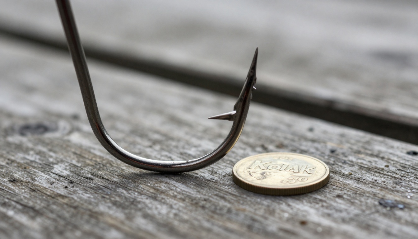 Fishing lure hook next to a coin on a wooden dock Fishing lure hook next to a coin on a wooden dock