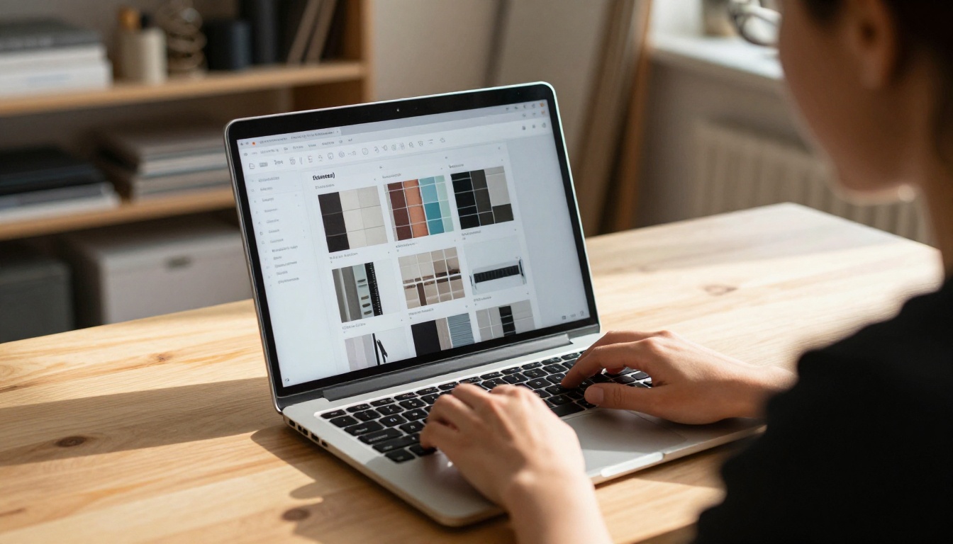 A designer typing at a laptop with a tidy multi-page document on screen