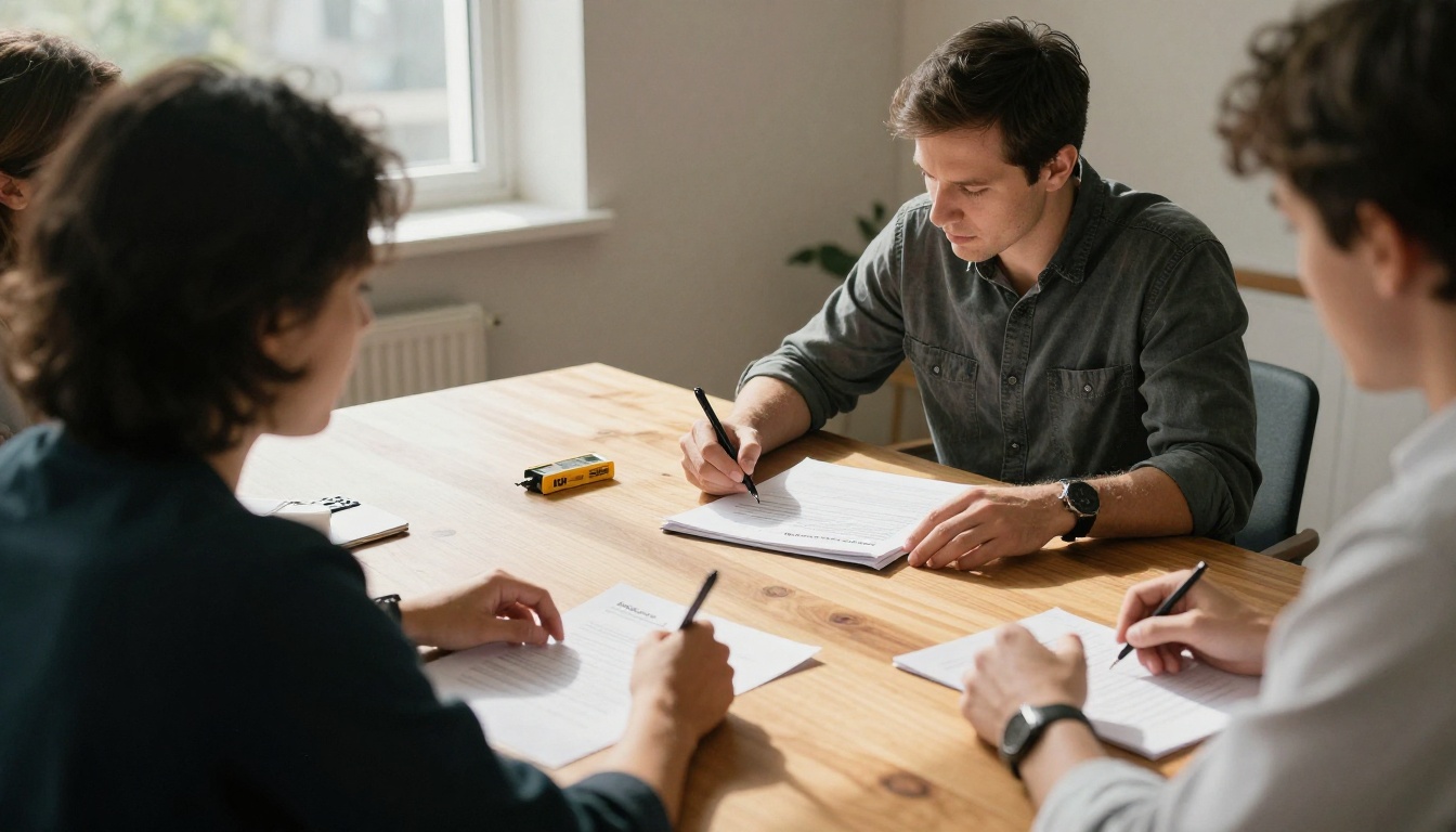 Freelance consultant presenting a printed report to a client Freelance consultant presenting a printed report to a client
