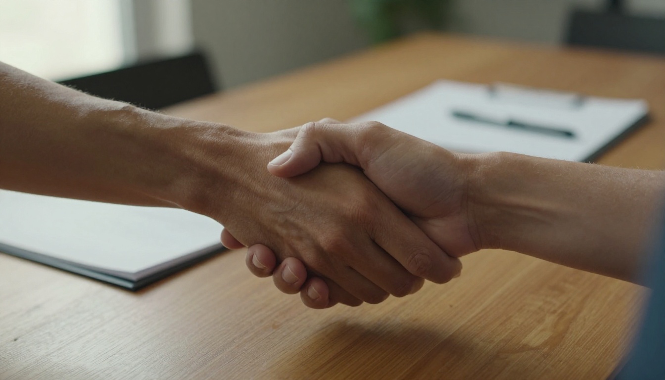 A firm handshake over a neat proposal folder