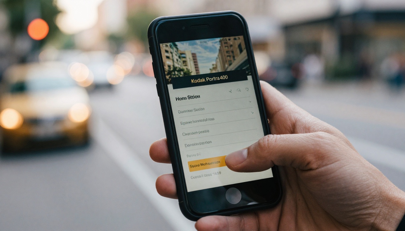Smartphone in a hand showing a signup form on a city street Smartphone in a hand showing a signup form on a city street