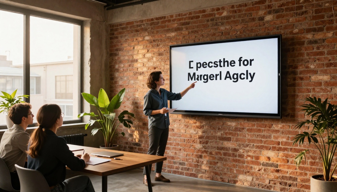 A founder presenting a proposal on a wall screen to two clients