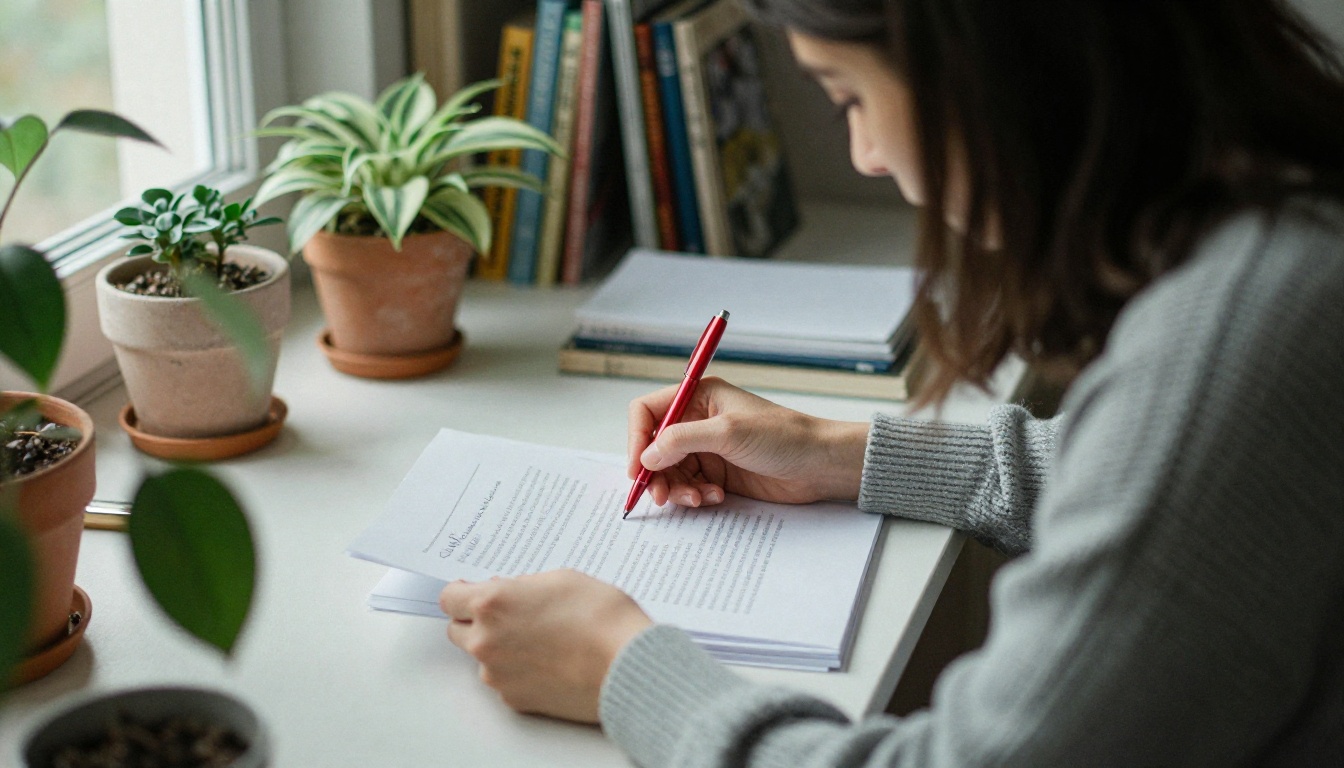 Woman writer reviewing printed pages with a red pen Woman writer reviewing printed pages with a red pen