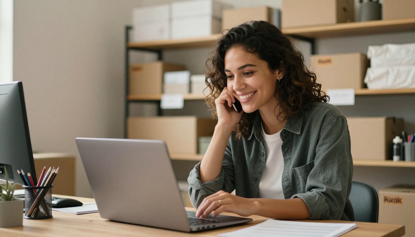 Small business owner smiling while reading a laptop screen Small business owner smiling while reading a laptop screen