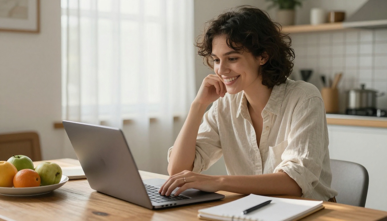 A freelancer smiling while checking an email at a kitchen table