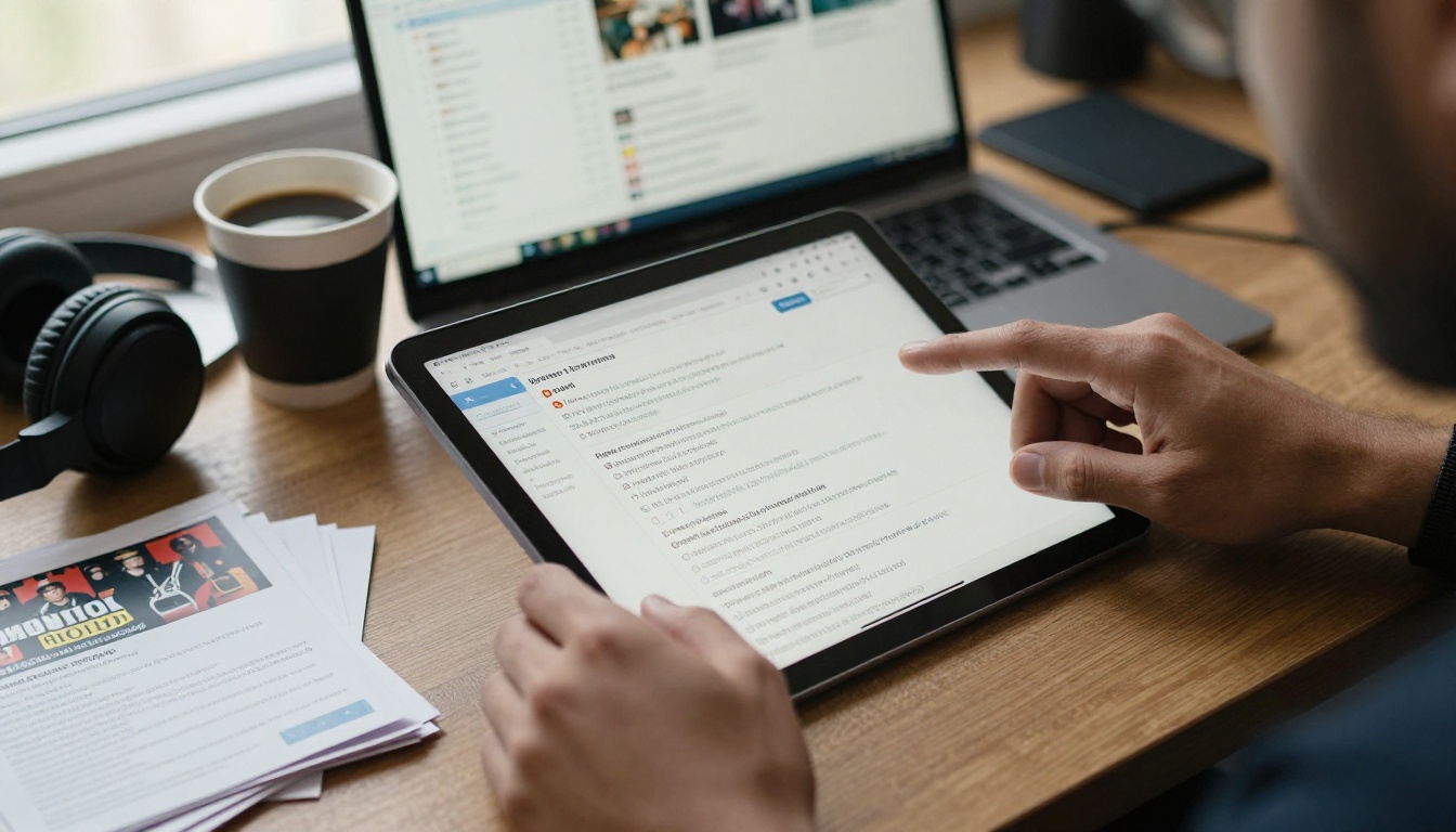 A promoter scrolling through a crowded inbox full of press kits A promoter scrolling through a crowded inbox full of press kits
