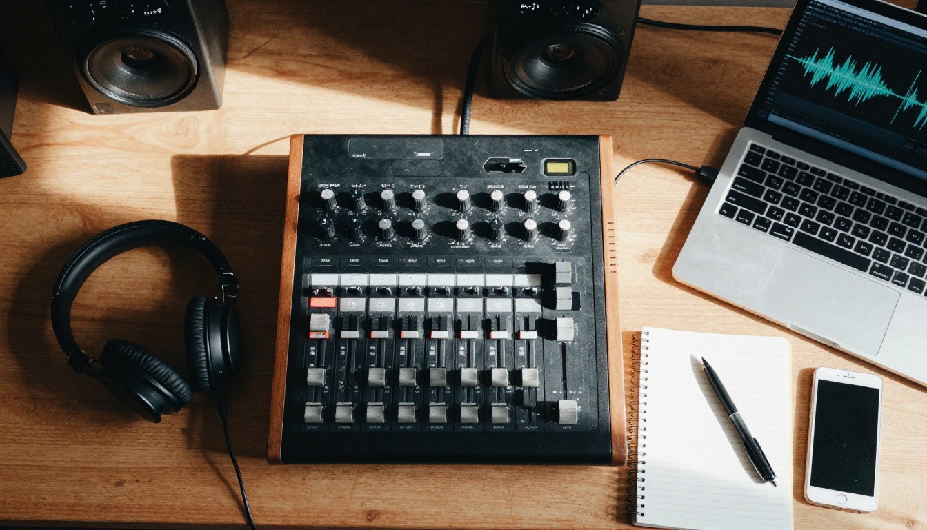 Studio desk with headphones, laptop and notebook seen from above Studio desk with headphones, laptop and notebook seen from above