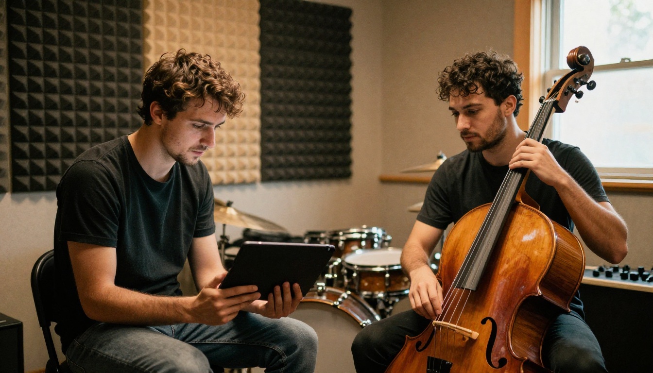 Band members reviewing their press kit on a tablet in a rehearsal room Band members reviewing their press kit on a tablet in a rehearsal room