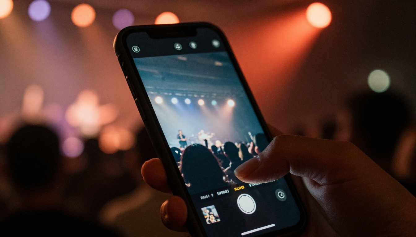 Hands holding a phone with a live gig video playing in a dim venue Hands holding a phone with a live gig video playing in a dim venue