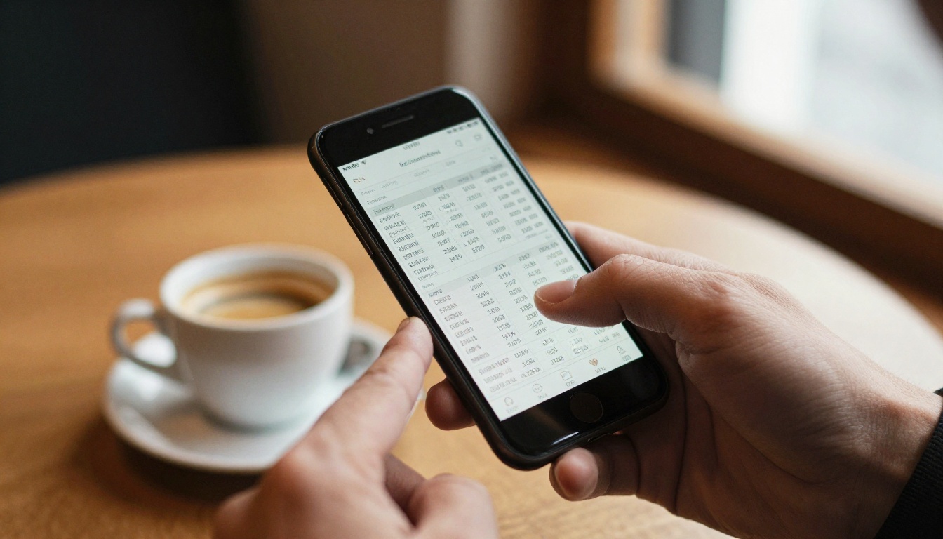 Man pinching and zooming a PDF table on a phone in a cafe