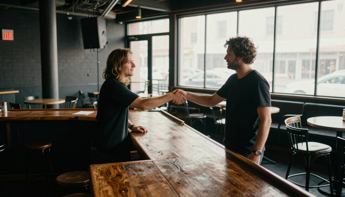 A booker and a musician shaking hands in an empty club before soundcheck A booker and a musician shaking hands in an empty club before soundcheck