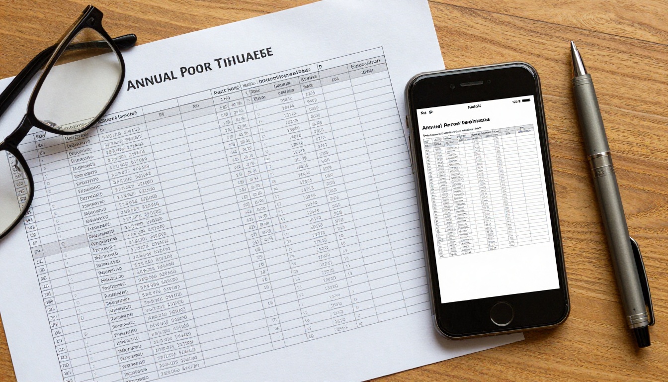 Printed annual report beside a phone showing a cropped, unreadable page