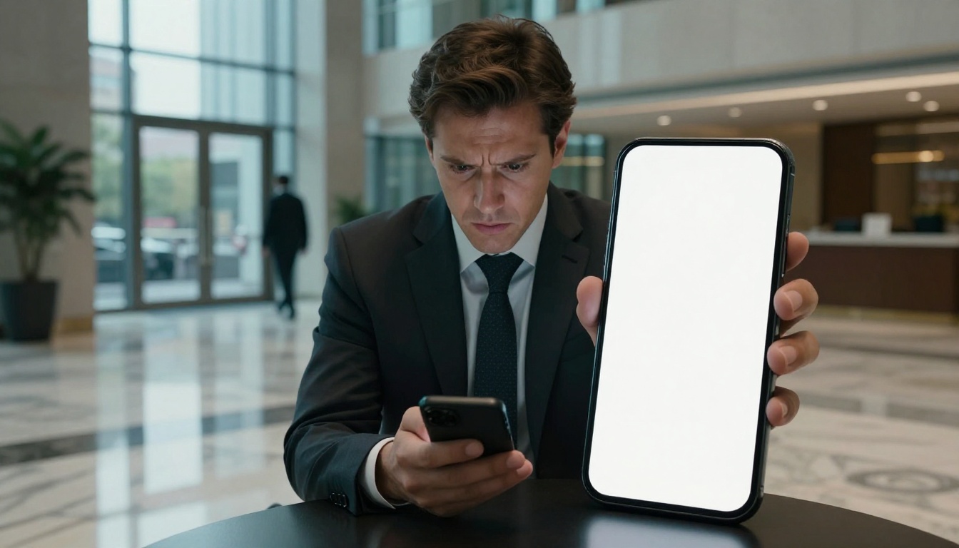 Investor waiting impatiently in a lobby while a page loads on his phone