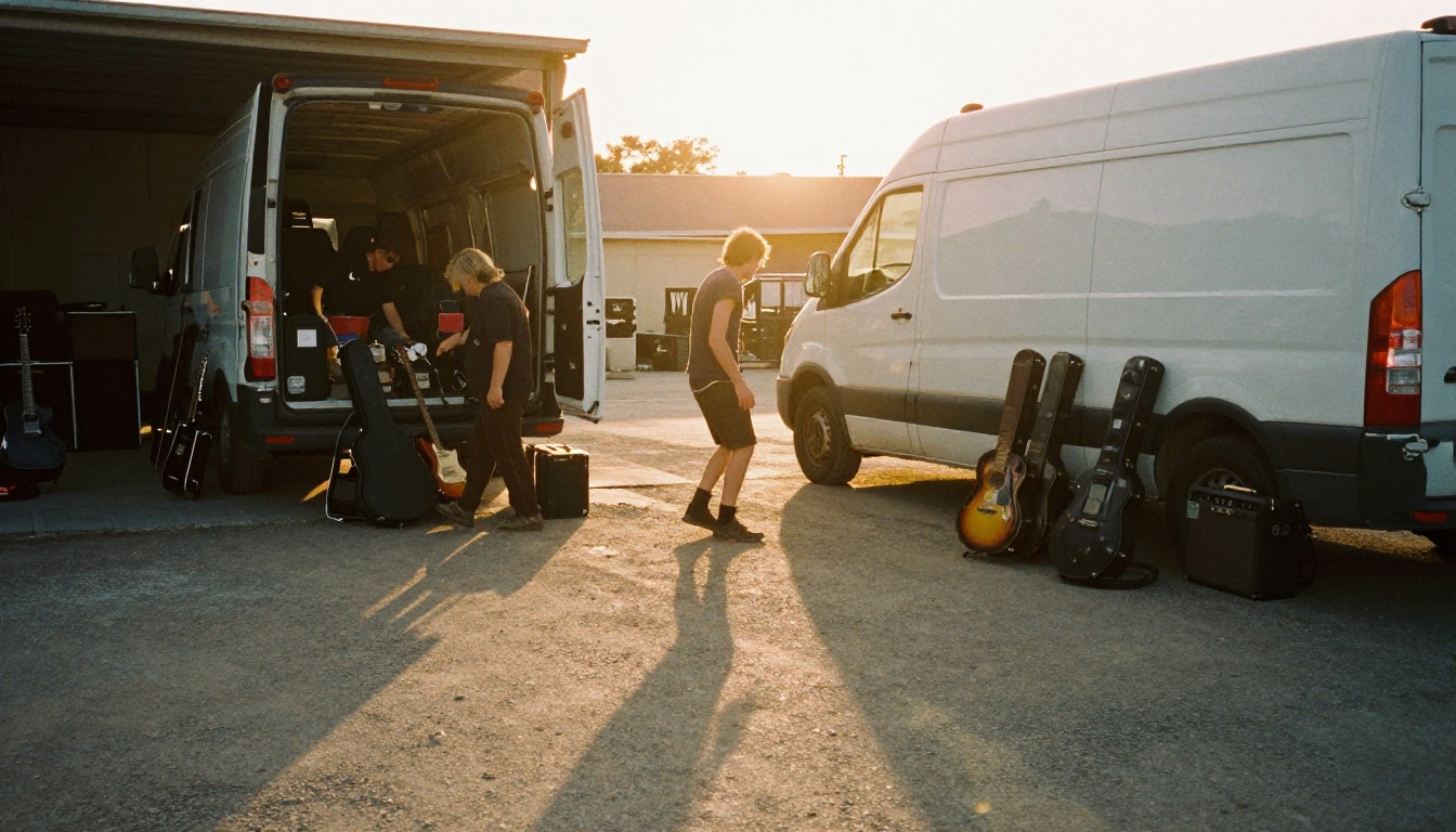 Band loading gear into a van at golden hour after a successful booking Band loading gear into a van at golden hour after a successful booking