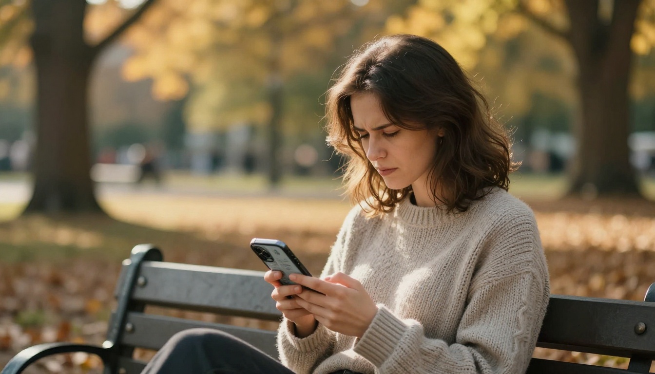 Woman rotating her phone sideways to read a wide chart on a park bench