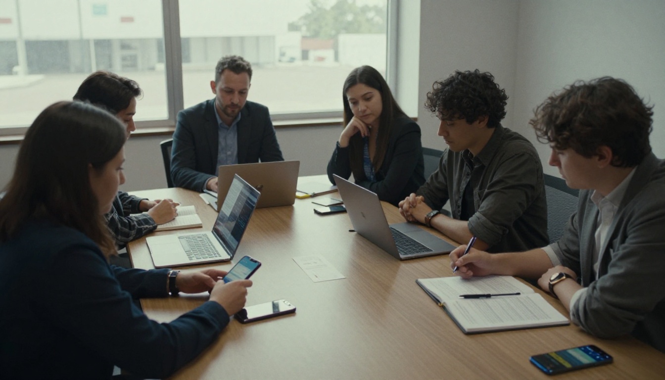 Team testing an annual report on several smartphones around a meeting table