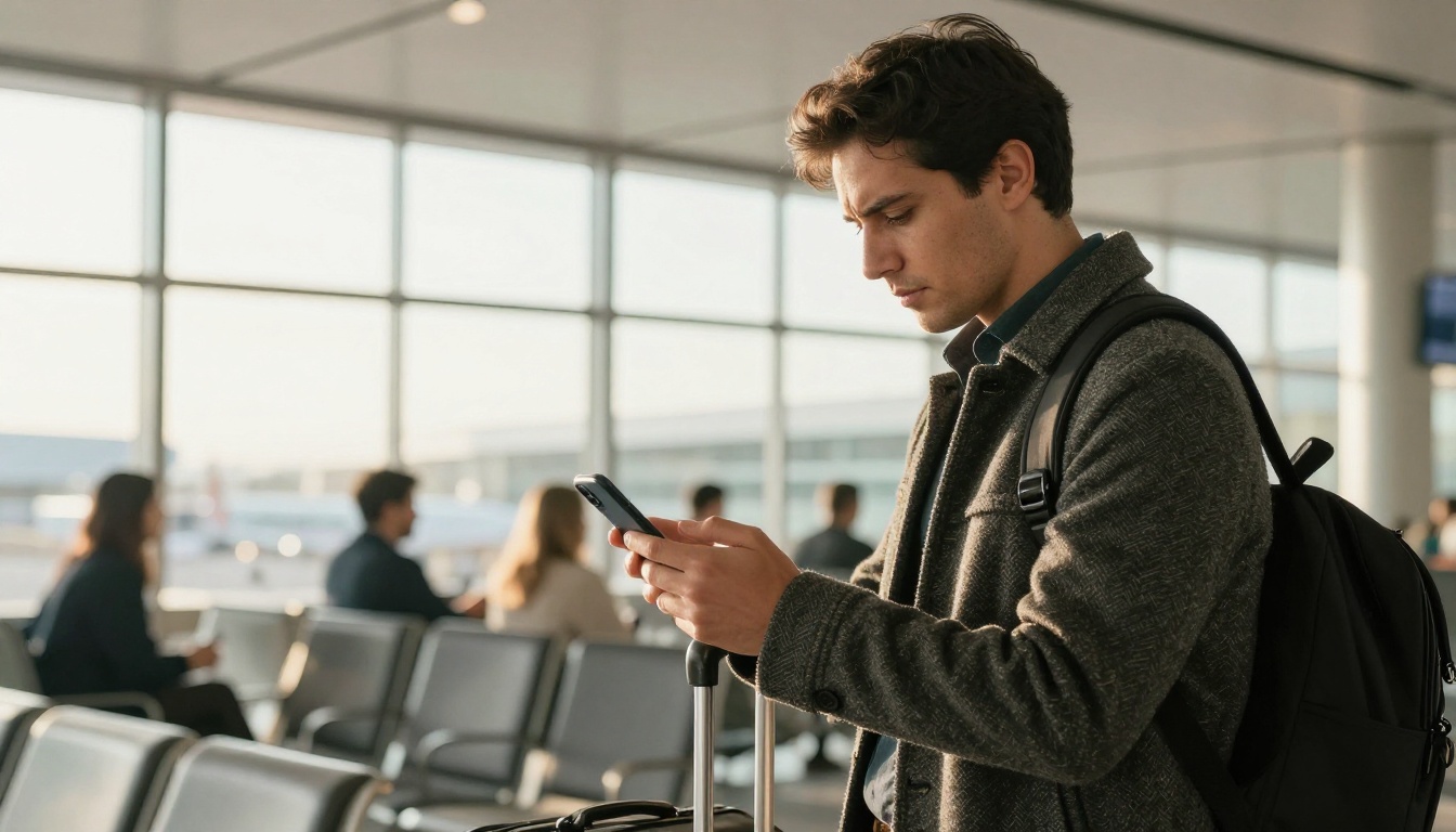Investor scrolling a pitch deck on a smartphone in an airport lounge