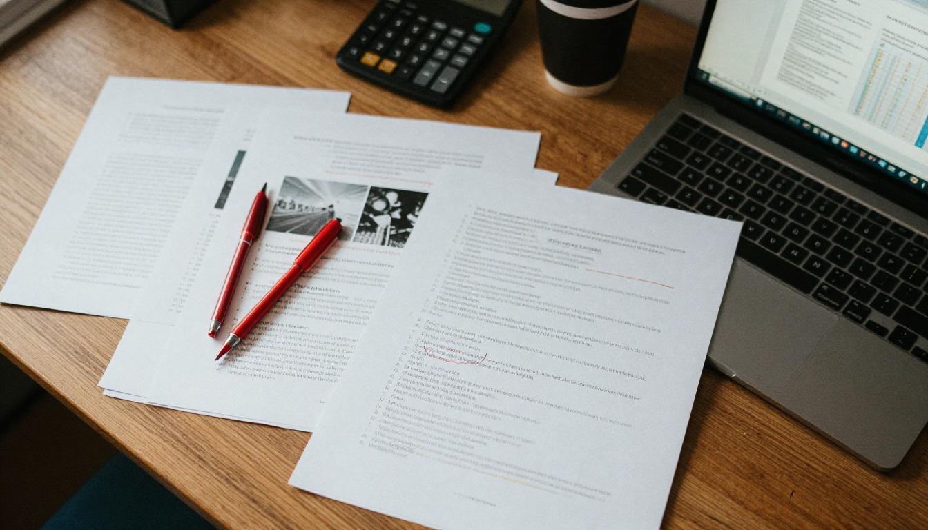 Printed pitch deck pages with annotations spread on a desk