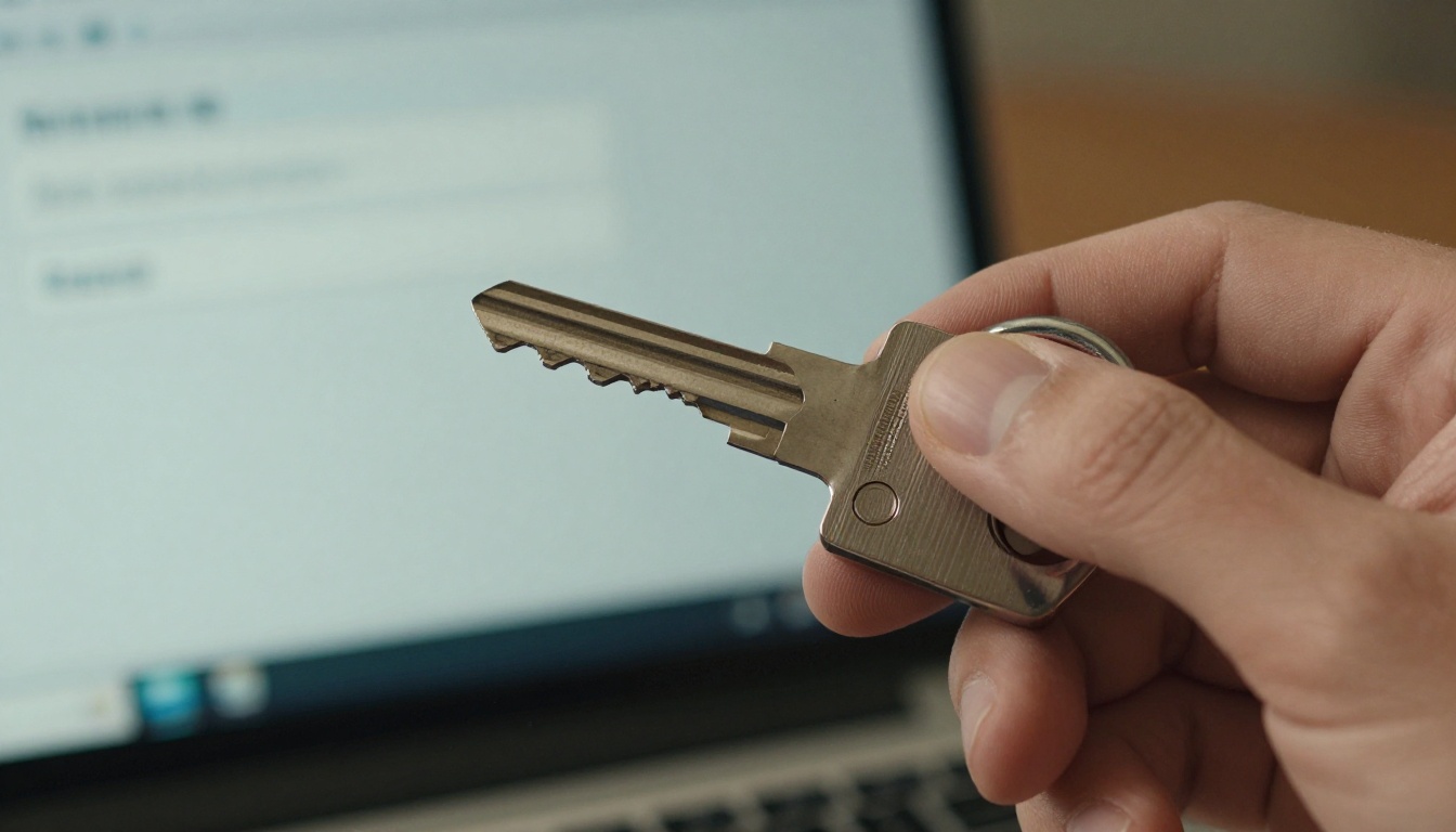 Hand holding a silver key near a laptop with a password prompt