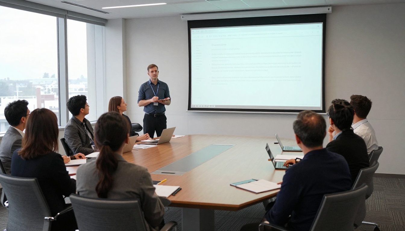Founder presenting to investors in a glass meeting room