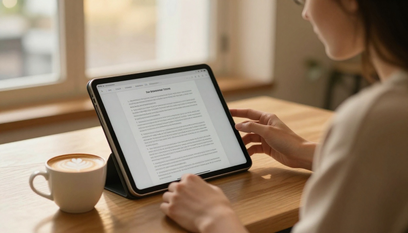Investor reading a pitch deck on a tablet in a boardroom