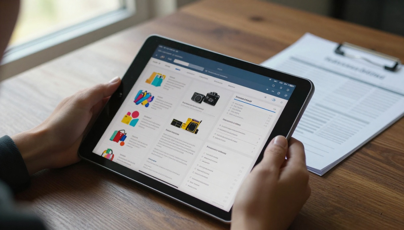 Hands holding a tablet with a catalog page beside a printed accessibility checklist