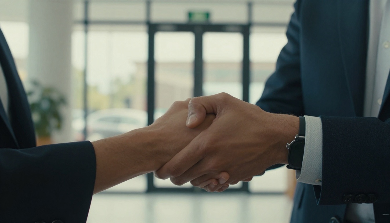 Founder and investor shaking hands in a modern lobby