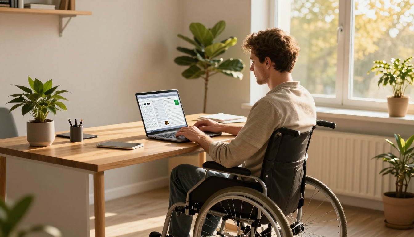 Man in a wheelchair browsing a digital catalog at a sunlit desk