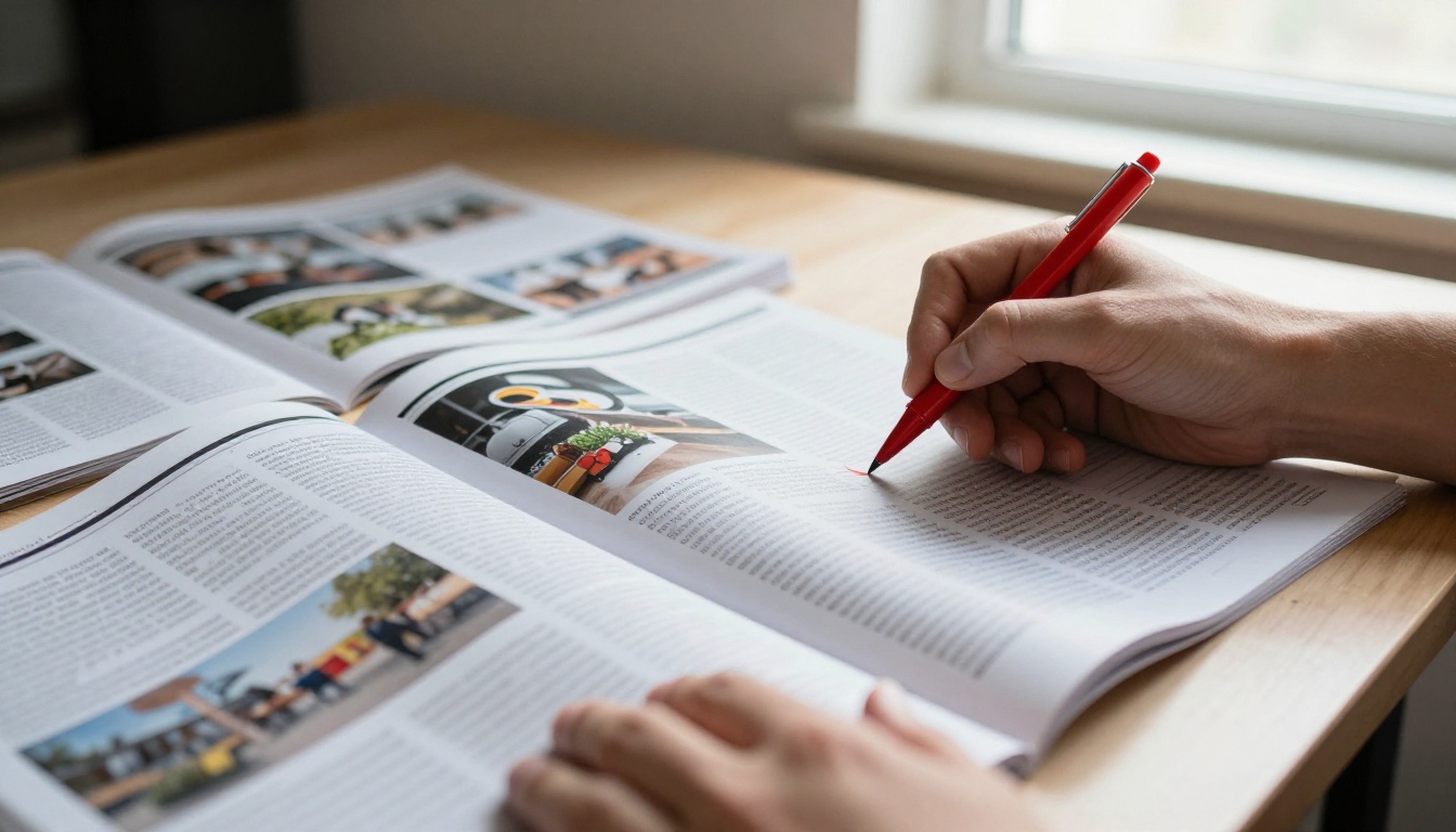 A magazine editor marking up a printed layout with a red pen A magazine editor marking up a printed layout with a red pen