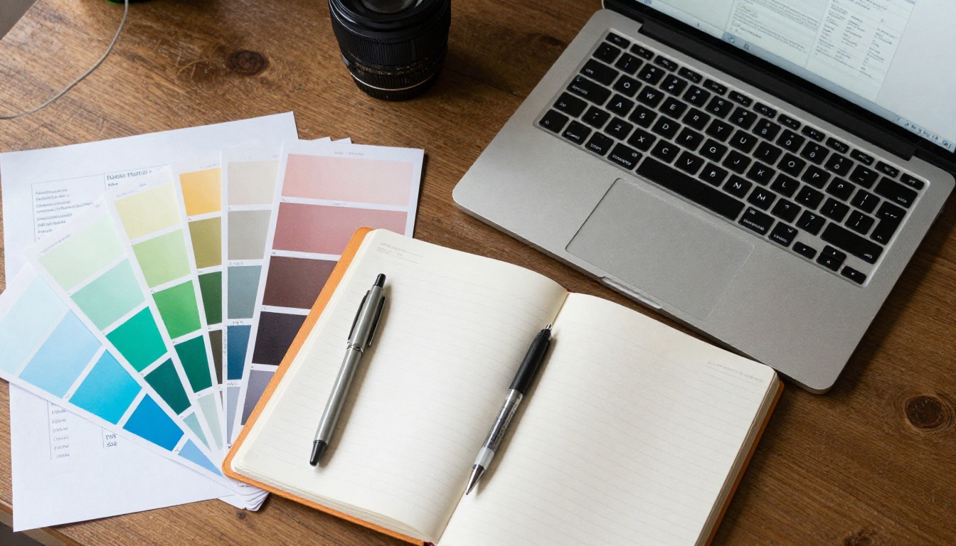 Top-down view of a designer desk with a color contrast swatch fan and a laptop
