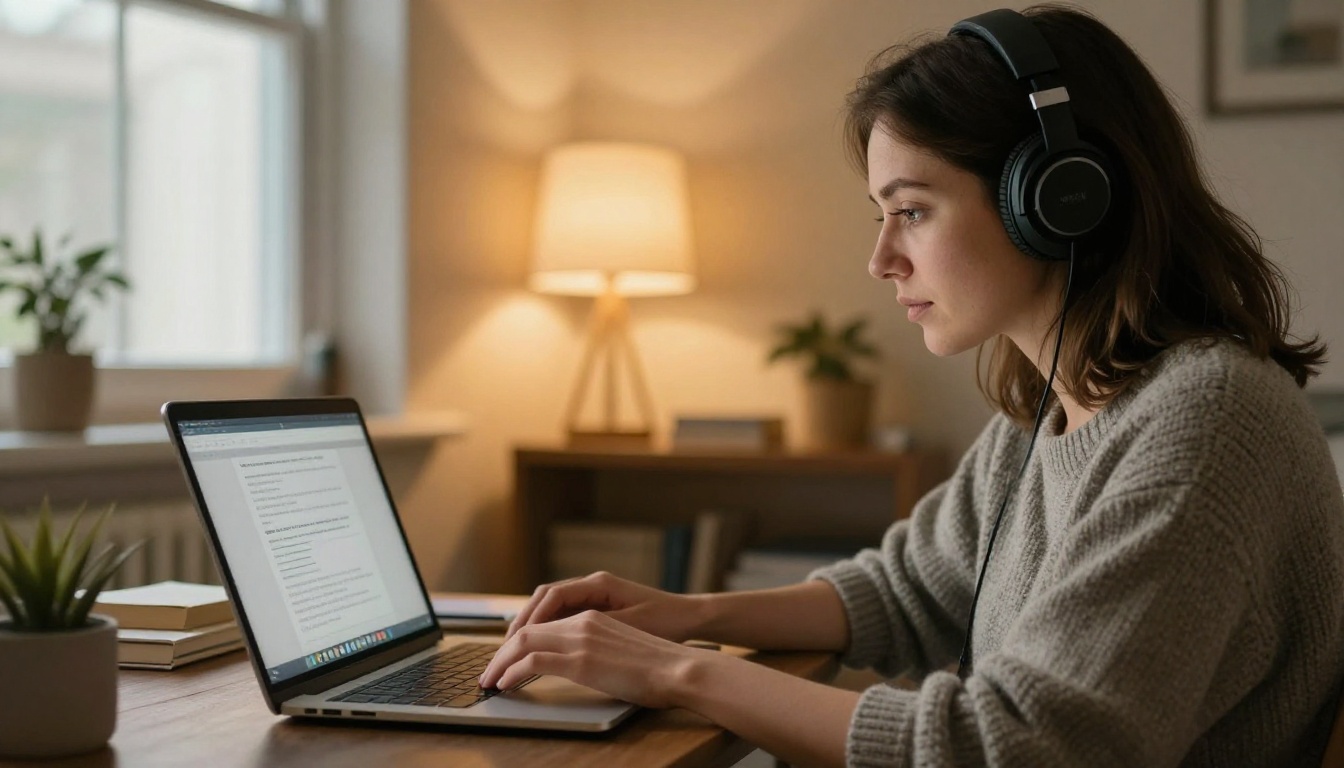 Visually impaired woman using a screen reader on a laptop in her living room